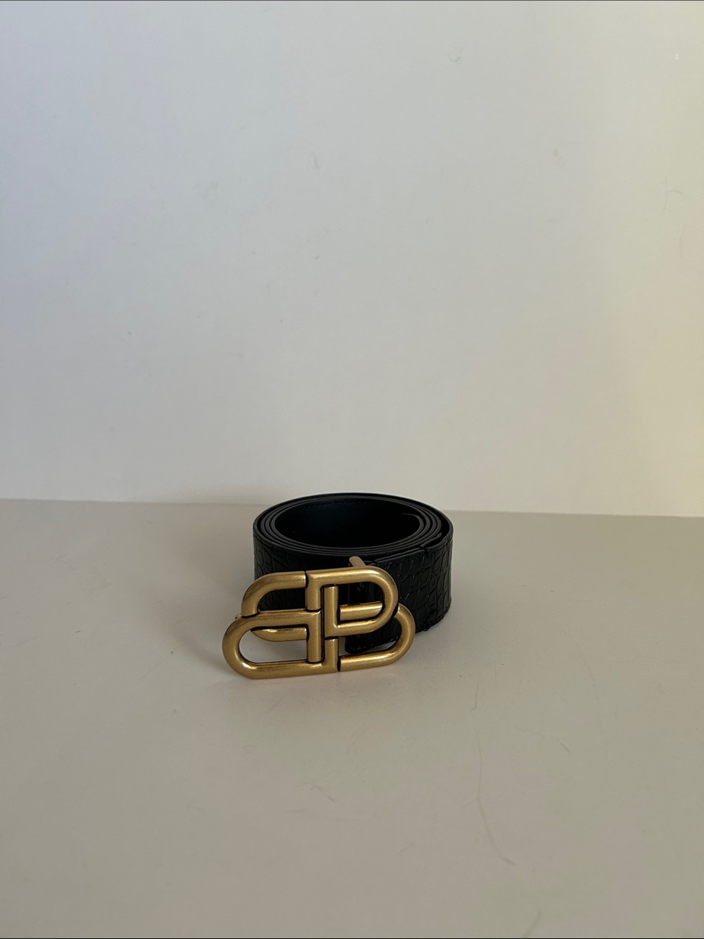 Balenciaga Black Leather Belt with Antique Gold Interlocking BB Buckle